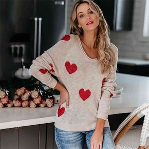 Heart print pullovers sweater autumn winter female casual elegant soft women knitted jumper tops o neck in 210427