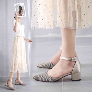 Houndstooth Shoes Woman Plus Size Cotton Cloth Square High Heel Party Wedding Elegant Pointed Toe Ankle Strap Women Heels 210520