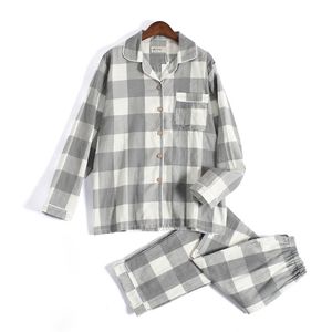 Färsk plaid 100% gaze bomull älskare pyjama sätter kvinnor och män höst långärmad japansk casual sleepwear kvinnor pyjamas 210831