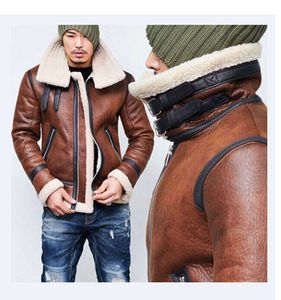 Warme Männer Winter Pelz Gürtel Faux Leder Jacke High Neck Shearling Mantel Wolle Futter Langarm Herren Leder Bomber Winter mäntel 211009