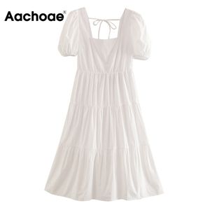 Aachoae Women A Line White Cotton Midi Dress Bow Tie Hollow Out Sweet Summer Dresses Square Collar Short Sleeve Casual Sundress 210413