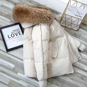 Natural Big Fur Collar Parkas Fashion Short Coat Women Winter Jackets Loose Female Warm Elegant Down Jacket 210913