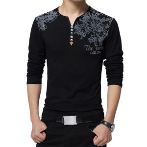 Jesień Moda Floral Print Men T-shirt Henry Collar Button Decorate Długi Rękaw Plus Size 5XL 220115