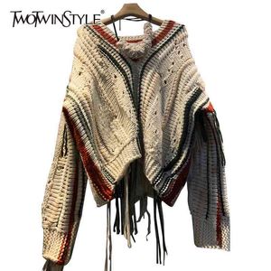 Dorywczo Patchwork Tassel Sweter Dla Kobiet V Neck Z Długim Rękawem Hit Color High Street Luźne Dzianiny Swetry Kobiet 210524