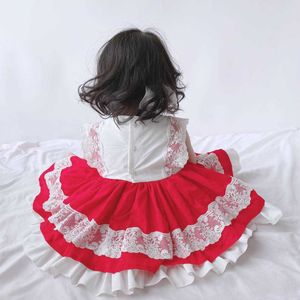 2021スペイン子供服サマーガールスパニッシュドレス赤ちゃんLotiaレッドレースボールガウン幼児誕生日衣装ベイビーバプテスマXS027 Q0716