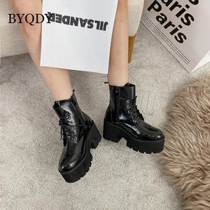 Boots Byqdy Size 35-41柔らかい革の秋の女の子のレースアップラウンドヘッド分厚いプラットフォーム厚い唯一のワーキングソリッドブラック