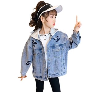 Meninas denim jaqueta casaco letter patchwork crianças estilo casual crianças roupas 6 8 10 12 14 210527