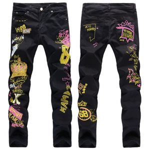 High Street Hip-Hop Trendy Men's Black Jeans Bomull High-End Color 3D tredimensionell tryckta stretch Jean