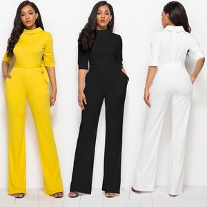 Autumn Winter Turn Down Collar Straight Jumpsuit Loose Women's Overalls Party Elegant Waist Lace up Workwear Pockets Plus Size 210507