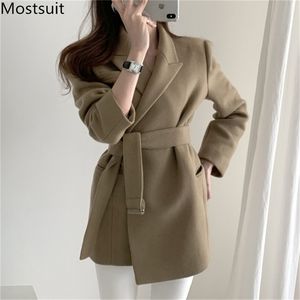 Cappotto blazer con cintura in lana coreana Donna Autunno Inverno manica lunga Ol Style Elegante moda donna Giacche Cappotti Femme 210513