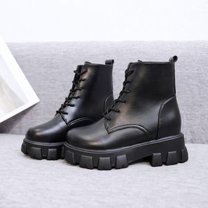 Boots Black Combat Women 2021 Leather Ankle Shoes Short High Platform Lace Up Punk