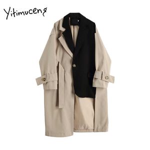 여자를위한 Yitimuceng 트렌치 코트 겨울 옷 재킷 긴 패션 디자이너 빈티지 streetwear 겨울 가을 봄 패치 워크 210601