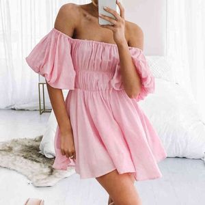 Sexy Vintage Off-Shoulder Mini Dla Kobiet Dress 2021 Lato Nowy Latarnia Rękaw Talii Wysoka Talia Mini Dress Kobieta Beach Dress X0521