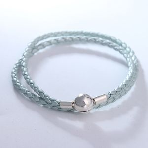 Shine Blue Läder Armband Kvinnor Silver 925 Smycken Signatur Rundlås Vävnad Kedja Flätad Rope Charms Armband DIY