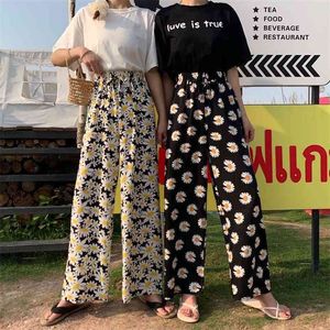 Daisy Flower Print Elastische Hohe Taille Baggy Hosen Frauen Harajuku Casual Boho Breite Bein Streetwear Koreanische Mode Hosen 210925