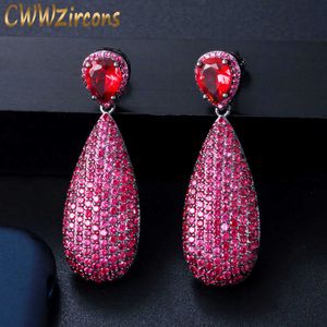 Luxury Micro Cubic Zirconia Paved Unique Black Gold Color Pink Red Big Dangle Drop Party Earrings for Women CZ592 210714