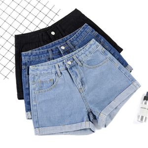 Ailegogo Summer Women Wide Leg Classic Hög midja Svart Denim Shorts Casual Kvinna Solid Färg Vit Blå Lösa Jeans Shorts 210611