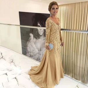 Elegante Champagne Renda Longa Mãe da Noiva Vestidos Decote em V Manga Completa Vestidos de Festa de Casamento Convidado Vestido de Noite Formal Deus Mãe Desgaste de Celebridade