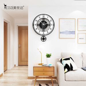 ラウンドサイレントアクリルの装飾的な振り子のスイングの壁掛け時計モダンなデザインリビングルームキッチン家の装飾壁時計ステッカー210930
