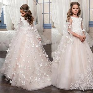New Flower Girl Dresses for Wedding Butterfly Princess Tutu Lace Appliqued Lace Up Vintage Girl First Communion Dress