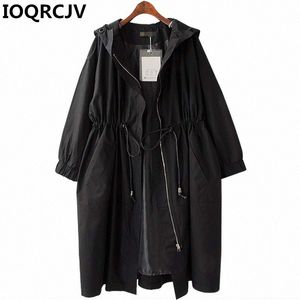 Spring Autumn New Long Trench Coat Women Casual Hooded Windbreaker Female Black Overcoat Outerwear Stor storlek 3XL 4XL R793 W8HC