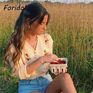 Foridol Crochet Embriodery Cropped Cardigans Women Brandy Melville Cardigan Crop Top V Neck Knitted Vintage Yellow Sweater 210415