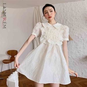 Women Short Bubble Sleeve Dress Princess Floral Lapel Belt Dresses Temperament Fit Fashion Summer 2H803 210526