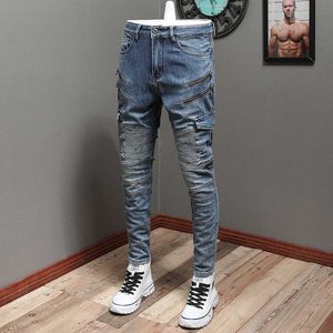 Amerikan Sokak Tarzı Moda Erkekler Kot Retro Mavi Eklenmiş Yama Tasarımcısı Ince Biker Hip Hop Punk Denim Kalem Pantolon