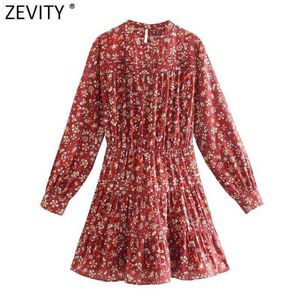 ZEVITY Women Sweet Floral Print Press Design Pleats Casual Slim Mini Dress Female Chic Long Sleeve Brand Party Vestidos DS9057 Y1204