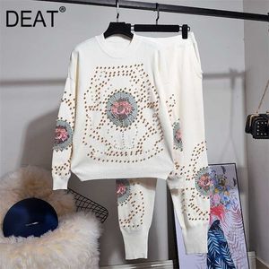DEAT Autumn Winter Long Sleeve O Neck Knitted Embroidery Sweater Jumper Elastic Pants Tracksuit Women 19J-a3 211007