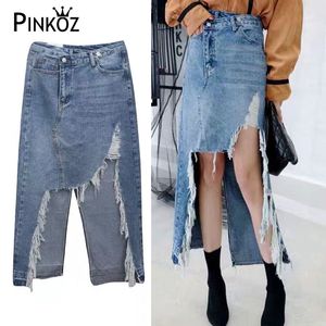 denim midi skirt holes high waist split summer streetwear faldas irregular skirts women jeans ropa mujer chic jupe femme 210421