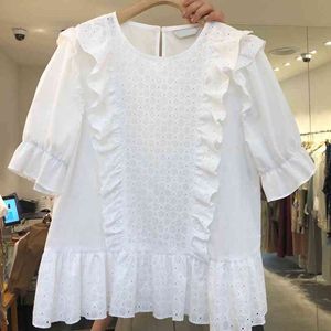 Summer Sweet Ruffles Short Sleeve Women Shirts Blouses Fashion Hollow Out Design Woman Tops White Blusas Mujer 210514