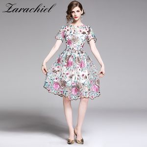 Fashion Designer Runway Floral Overlay Embroidery Dresses Summer Women's Short Sleeve O Neck Vintage Mesh Party Vestidos 210416