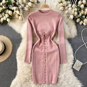 Neploe O Neck Pullover Långärmad Sticka tröja Klänning Kvinnor Hög midja Hip Bodycon Vestidos Vinter Outwear Solid Robe 210510