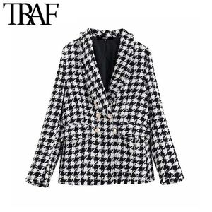 TRAF Women Tops Vintage Houndstooth Double Breasted Blazer Coat Fashion Long Sleeve Frayed Trims Outerwear Chic Plaid Jacket 211006