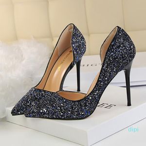 Hurtownia butów 2021 Plus rozmiar 43 kobiet 9.5cm wysokie obcasy Sexy Glitter Bling Scarpins czółenka szpilki ślubna bal balowy srebrny