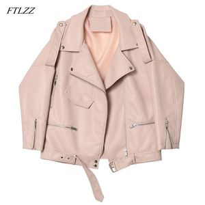 Kvinnor Lös Faux Soft Leather Jacket Coat Höst med Bälte PU Streetwear Overcoat Kvinna Zipper Rivet Punk 210423