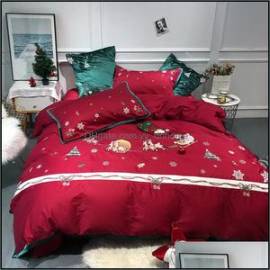 Conjuntos de cama Suprimentos Home Têxteis Jardim de Alta Qualidade Algodão Egípcio Santa Claus Bordado Conjunto Duvet ER Cama Folhas Fronhas Criança Ye