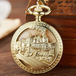 Pocket Watches Gold Mechanical Watch Hollow Steampunk Train Engraved Hand Winding Skeleton Fob Chain Necklace Pendant Clock