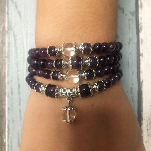 6mm Amethysts Beaded Mala Bracelet Clear Quartzs Charm Jewelry 4 Wrap Around Women Yoga Handmade Natural Stone Bracelets