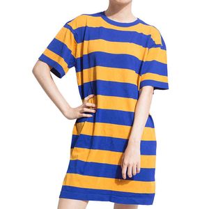 Knit Stripe Yellow Green Light Blue O-neck Pullover Short Sleeve Mini Dress Summer D0915 210514