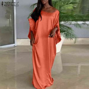 2021 Jesień Satin Silk Sukienki Zanzea Party Wzburzyć Sukienka Kobiet Elegancka Solidna Podłoga Vestidos Kobieta Moda Robe Longue Oversize Y1204