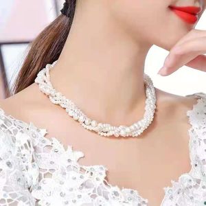 Hand knotted design 3 rows twist necklace genuine 3-9mm white freshwater pearl fashion jewelry 45cm