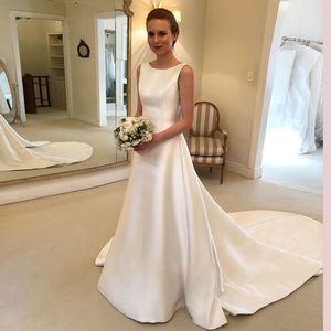 2021 Korean Simple Satin Wedding Dresses Bridal Gowns A Line Sexy Backless Court Train Bow Back Long Bride Dress Vestidos De Novia