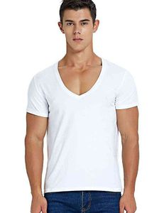 Deep V Neck T Shirt for Men Low Cut Scoop Neck Top Tees Drop Tail Short Sleeve Male Cotton Casual Style G1222