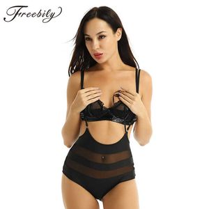 Womens Ladies Sexy Clubwear Pole Dancing Clothes Bodysuit Leotard Splice High Waisted Cheeky Suspender Bottom Rave Booty Shorts Y0927