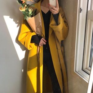 Women Winter Lapel Wool Jacket Woolen Long Coat Cardigan Elegant Warm Loose Bandage Outwear With Pocket Black Yellow