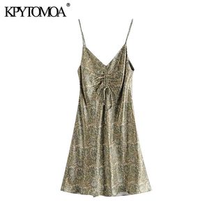 Kpytomoaの女性シックなファッション弓ペイズリープリント居心地の良いミニドレスヴィンテージVネック調節可能なストラップ女性ドレスMujer 211029