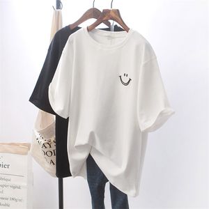 Loose Summer Milk Silk T-shirt Women Casual White Black Short-sleeve Mid-length Female Tops Streetwear Haruku Ladies Tees 210406