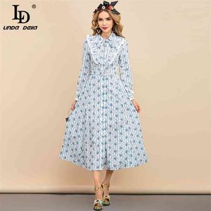 Sommarbanan Böhmen Holiday Dress Kvinnor Långärmad Ruffle Elegant Blommigt Stripe Print Kvinna Midi 210522